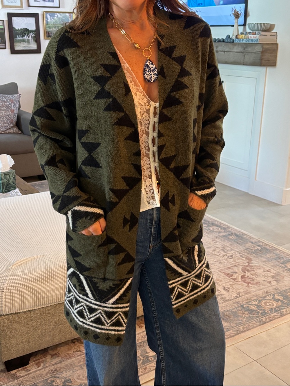 Frye Olive Green & Black Aztec Knit Cardigan